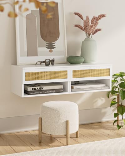 Modern Floating Nightstand with Drawer, Wall Mount Shelves, White Rattan | Small Space Saver, Modern Minimalist Design, Wall Mounted Shelves, for Bedroom, Bathroom, Living room, Easy Assembly, Rattan - color: White Rattan
