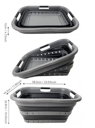 SAMMART Collapsible 3 Handled Plastic Laundry Basket - Foldable Pop Up Storage Container/Organizer - Portable Basket - Space Saving Hamper/Basket (Grey/Black, 3 handled rectangular) - color: Grey/Black