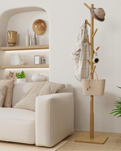 Yawinhe Wooden Coat Rack Freestanding,Hall Tree with 8 Hooks,Natural | 3 Adjustable Heights Coat Standing Tree; Sturdy Clothes Stand with Square Base; Coat Tree for Entryway, Hallway - color: Natural