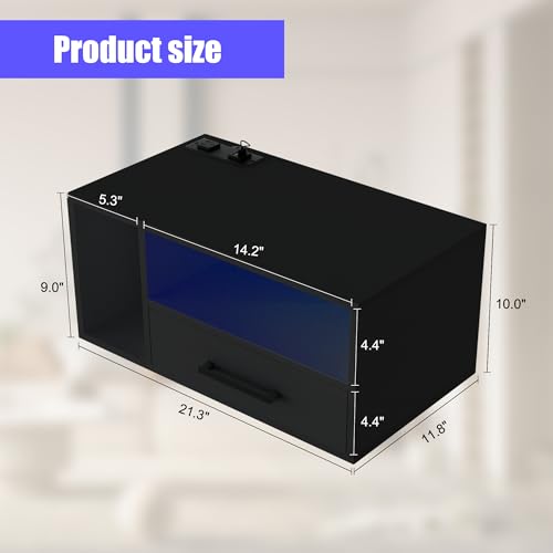 Floating Nightstand with Charging Station & Lights, Black | Floating Bedside Table with Drawers Wall Mounted Nightstands,for Bedroom Room, 21.3" x 11.8" x 10" - color: Black