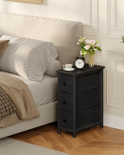 Narrow Side Table with 3 Fabric Drawers, Industrial Slim Bedside Table for Small Spaces, Bedroom, Living Room, Dormitory, Black TBZ09BB - color: Black