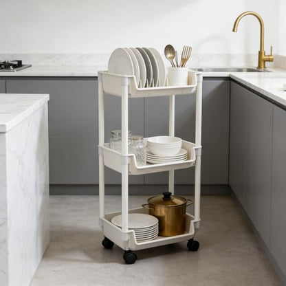 3-Tier Rolling Storage Cart, White Plastic, Slim Organizer for Kitchen, Bathroom, and Office, 11 x 7.5 x 44 Inches