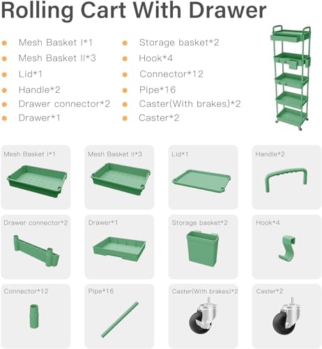 Sorgion 5 Tier Rolling Cart Organizer,Bathroom Cart Organizers with Wheels Laundry Room Organization Mobile Shelving Unit Utility Cart Storage Shelves Multi-Functional for Office, Home(Green) - size: 5Tier-Green