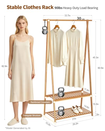 Bamboo Clothing Rack with Shelves, Wood Garment Rack for Hanging Clothes | Small Space Corner Clothes Hanger Rack with 2 Hooks,Freestanding Open Wardrobe Closet Rack in Bedroom,Entryway,Apartment - size: 2-Tier,60.5" Tall