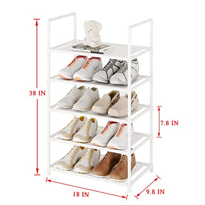 5 Tier Stackable Small Shoe Rack,Narrow Sturdy Shoe Shelf Organizer, Non-Woven Fabric Metal Free Standing Shoe Racks for Entryway, Hallway and Closet (White) - size: 5-White