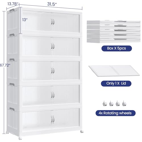 200Gal/800QT 5-Tiers Extra Large Stackable Storage Bins with Lid, Collapsible Cabinet Closet Organizer Plastic Container Box with Wheels Doors Drawers for Office Dorm Kitchen, White - color: White, size: 40Gal-5Pack