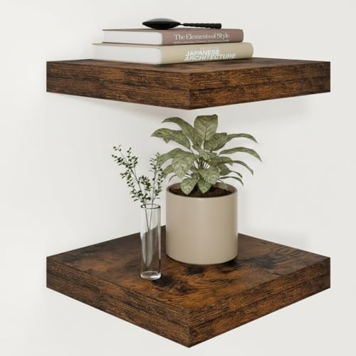 Vivelove Square Floating Shelves 12x12” Set of 2, Rustic Brown | Easy Install with Hardware, Invisible Brackets, No Sagging, Living Room Display Shelf, 2" Thick，Engineered Wood - color: Rustic Brown, size: 12”wx12”dx2”h