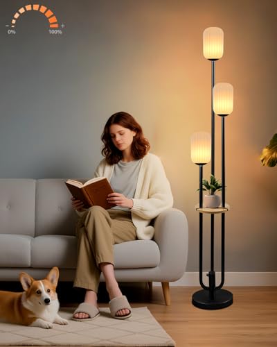 Lightdot Black Dimmable Floor Lamp with Shelf Modern Floor Lamps with Oval Striped Lampshade & Bulb Included 3-Lights Tall Lamp with 5Lbs Heavy Base for Living Room/Bedroom/Sofa Beside/Corner Decor