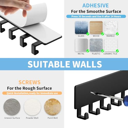 GTK Key Holder for Wall, Key Hooks with 10 Hooks, Wall Mounted Key Holder for Hallway, Self Adhesive Key Rack(Black) - color: Black