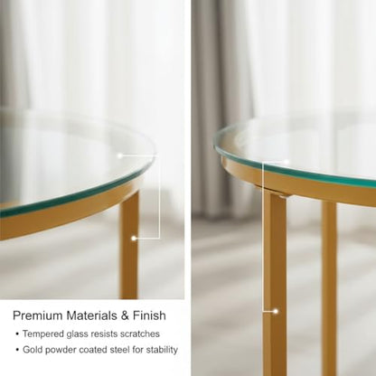 Round Nesting Coffee Table Set of 2, Glass Stacking Minimalist End Table | Modern Marble Pattern Wooden Nesting Tables for Living Room Bedroom Small Space, Clear Tempered Glass and Gold Leg - color: Glass & Gold