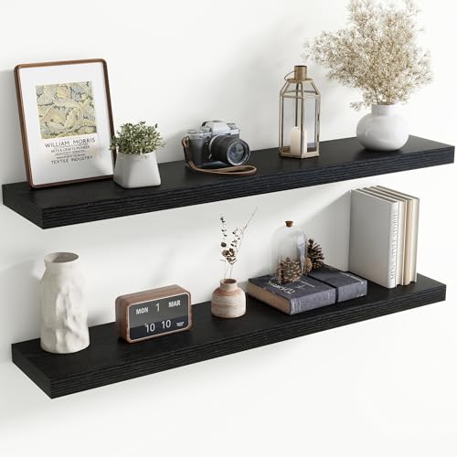 48 Inch Floating shelves for Wall, 8 Inch Deep, Invisible Brackets, Black | Rustic Wall Mounted Shelf, Storage & Display, Wooden Shelves for Living Room, Kitchen, Bathroom and Home Decor, Set of 2 - color: Black, size: 48 Inch, Set of 2