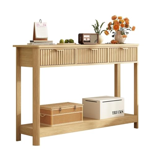 RUSTOWN Fluted Wood Console Table with 3 Drawers, 47.2" Boho Entryway Table | Narrow Behind Couch Sofa Table, Open Storage Shelf, Curved legs, 2 Tier Modern Farmhouse Hallway Table for Living Room, Foyer - color: Natural Wood