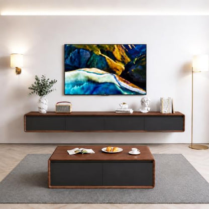 Floating TV Stand, Modern Wall-Mounted Entertainment Center with 1 Flip-Down Cabinet Doors 2 Drawers, Solid Wood Media Console (Walnut/Black, 63") - color: Walnut Black, size: 63"
