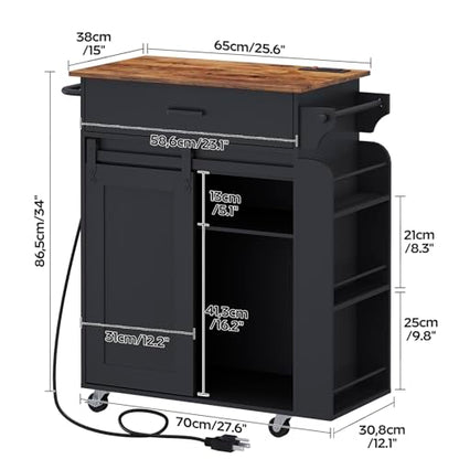 Kitchen Island with Storage, Mobile Kitchen Cart with Charging Station, Kitchen Island on Wheels, Rolling Island Table with Sliding Cabinet Door, Black and Rustic Brown ZD01UBR - color: Rustic Brown + Black