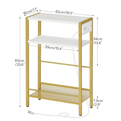 HOOBRO Small Narrow Side Table with Charging Station, Skinny End Table for Small Spaces, Slim Nightstand with USB Ports Outlet, Sofa Beside Table with Storage Shelf, White and Gold DW102UBZ01 - color: Gold + White