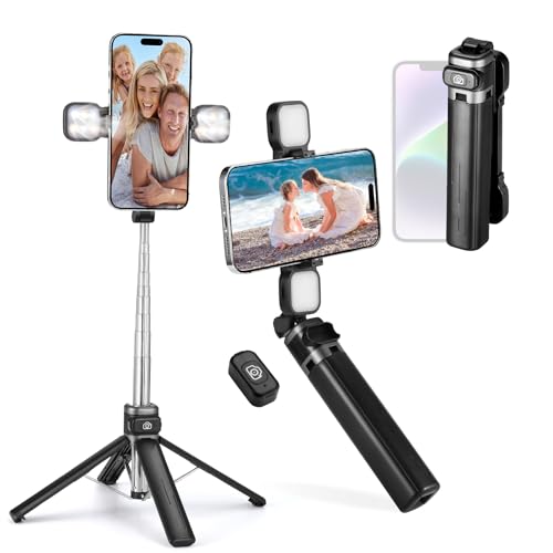 MQOUNY Mini iPhone Tripod Stand & Selfie Stick with Wireless Remote & Removable Light, Extendable Stand 360 Rotation Compatible with iPhone & Android Samsung (Black) - color: Black