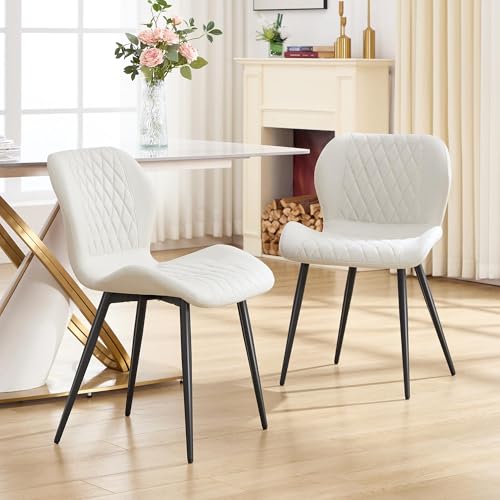 Dining Chairs Set of 2,Fabric Modern Dining Chairs with Thick Cushions, Upholstered Kitchen Side Chairs with Adjustable Metal Legs for Dining Room (Beige) - color: Beige, size: Set of 2