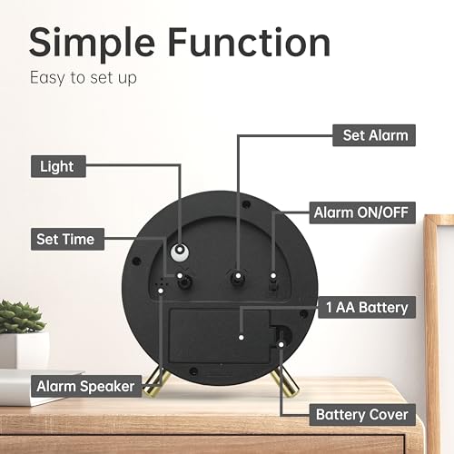 JALL Analog Alarm Clock, 4 inch Super Silent Non Ticking Small Clock with Night Light, Battery Operated, Simple Design, Easy Setting for Office, Bedroom, Bedside, Desk, Teens, Elders, Adult, White - color: White+gold