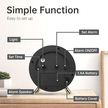 JALL Analog Alarm Clock, 4 inch Super Silent Non Ticking Small Clock with Night Light, Battery Operated, Simple Design, Easy Setting for Office, Bedroom, Bedside, Desk, Teens, Elders, Adult, White - color: White+gold