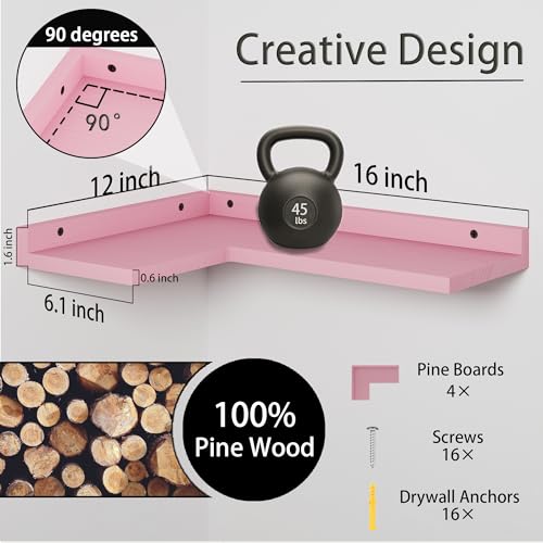 4 Tier Floating Corner Shelves Pink Set of 4, Rustic Pine Wooden Floating Corner Wall Shelf for Wall Décor Storage, L Shaped Corner Shelf Wall Mount for Bedroom, Living Room, Bathroom, Kitchen. - color: Pink Floating Corner Shelves