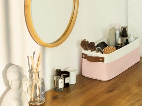 StorageWorks Narrow Fabric Storage Bins, Pink and White, 2-Pack | With Metal Frame, Sturdy Structure, Reinforced Handles, Toilet Paper Storage, Small Storage Bins for Bathroom, Closet, Shelf - color: Pink and White, size: 15"L x 6"W x 5"H