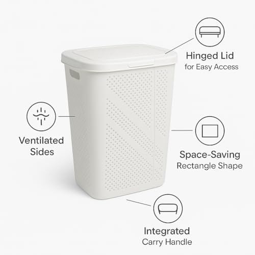 24 Inch Plastic Laundry Hamper with Hinged Lid – Space-Saving Rectangular Clothes Basket, Ventilated Design, Lightweight Laundry Organizer for Bedroom, Bathroom & Closet, White
