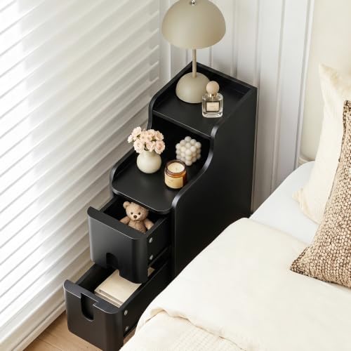 FurSch Narrow Nightstand Set of 2, Wooden Small 2 Drawer, Black | Slim Side End Table, Skinny Bedside Table, Mid Century Modern, 3-1 pc - color: Black 3-1 Pc