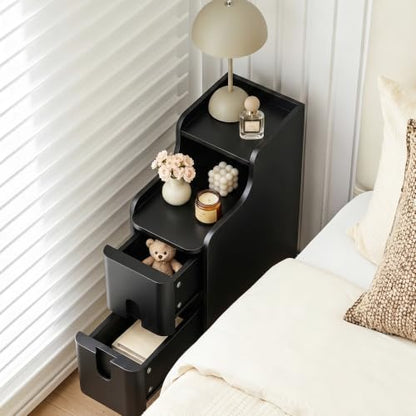 FurSch Narrow Nightstand Set of 2, Wooden Small 2 Drawer, Black | Slim Side End Table, Skinny Bedside Table, Mid Century Modern, 3-1 pc - color: Black 3-1 Pc