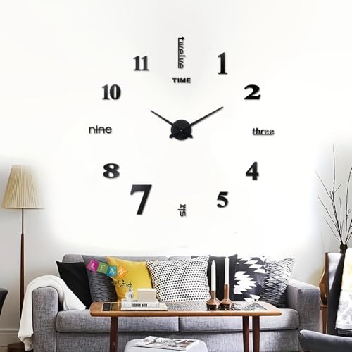 Frameless DIY Large Wall Clock Modern 3D Mirror Digital Big Wall Clocks for Living Room Bedroom Office Hotel Home Wall Decor (Black) - color: Black