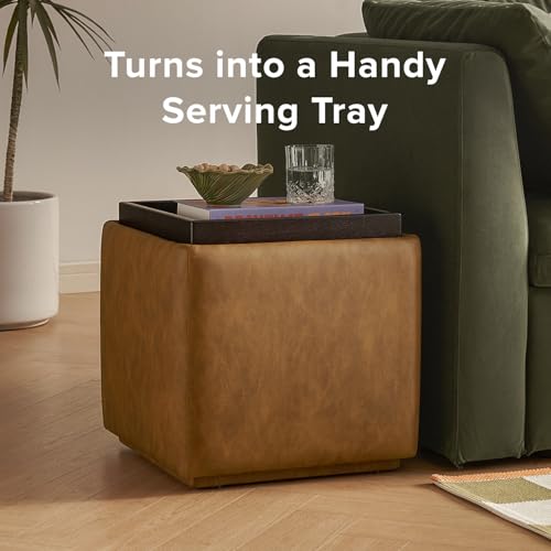 mopio Levi Storage Ottoman with Reversible Tray, Modern Square Chest Coffee Table, Upholstered Cube Sitting Foot Stools Ottoman for Living Room, Bedroom, Entryway (Faux Leather, Pecan Brown) - color: Brown Pu Leather, Cube