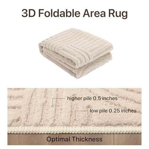 GENIMO Beige Rug 6x9 Washable Area Rugs for Living Room, Soft High Low Pile | Fluffy Shag Carpet, Cream Solid, Modern 3D Arch Textured, Throw Accent, Bedroom Dining Room Nursery Playroom Office, Non Slip - color: Arch Beige, size: 6' x 9' (Rectangular)