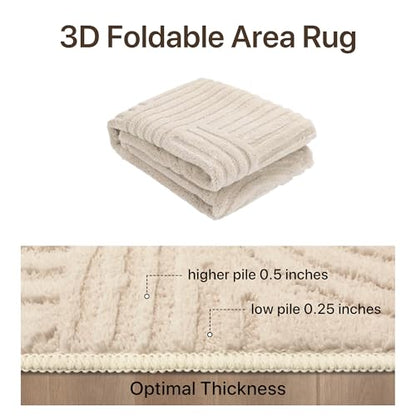 GENIMO Beige Rug 6x9 Washable Area Rugs for Living Room, Soft High Low Pile | Fluffy Shag Carpet, Cream Solid, Modern 3D Arch Textured, Throw Accent, Bedroom Dining Room Nursery Playroom Office, Non Slip - color: Arch Beige, size: 6' x 9' (Rectangular)