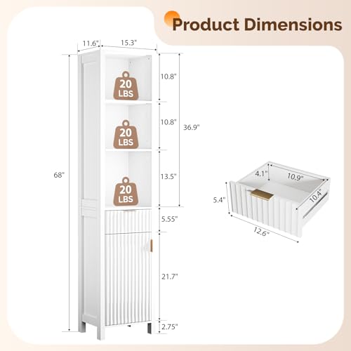 VINGLI 68" Tall Narrow Bathroom Storage Cabinet, Slim Freestanding Floor Cabinet with Fluted Door & Drawer, 12 Inch Deep Skinny Wood Organizer for Small Spaces, Kitchen & Living Room, White - color: Crisp White, size: 68"H Narrow Cabinet
