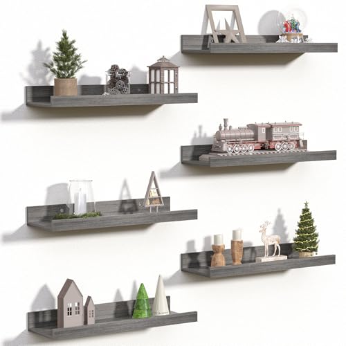 upsimples Floating Shelves for Wall Decor and Storage, Grey, 6Pcs 15.7'' | Wall Mounted Wood Shelves for Living Room, Bedroom, Bathroom, Kitchen, Office, Laundry Room Display and Organize - color: Grey, size: 15.7in