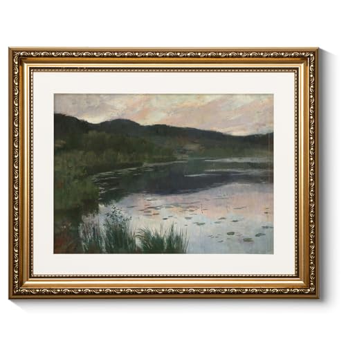 ARPEOTCY Gold Framed Scenery Wall Art, Living Room Bedroom River Landscape Pictures Wall Decor, Farmhouse Retro Decor, Canvas Prints, Antique Picture Frame Vintage Paintings,13x16 Inch - color: Summer Night Landscape, size: 16"L x 13"W
