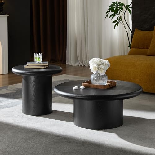 Round Nesting Coffee Table Set of 2, Modern 2-Piece Circle Wooden Center Table with Base, Accent Tea Table for Living Room Apartment, Easy Assembly, 31.5" & 20.87" (Black) - color: 31.5" & 20.87",black