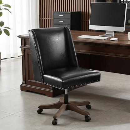 Upholstered Armless Office Chair Faux Leather Swivel Home Desk Office Chair | Modern Comfy Boho Office Chair with Wheels Adjustable Desk Chair no Arms for Sewing Women Farmhouse Study Studio PU Black - color: Black