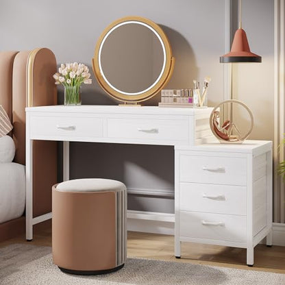 Tribesigns Vanity Desk with 5 Drawers, Makeup Vanity Table | Dressing Table with Side 3-Drawer Chest, Make Up Vanities for Women, Girls (Without Mirror), White - style: White