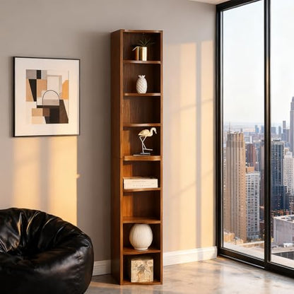 Tall Narrow Bookshelf, 8-Tier Tall Skinny Shelf with Adjustable Shelves, Narrow Bookcase for Small Spaces, 70.87" Slim Bookshelf for Home Office, Easy to Assemble, Walnut - color: A-walnut