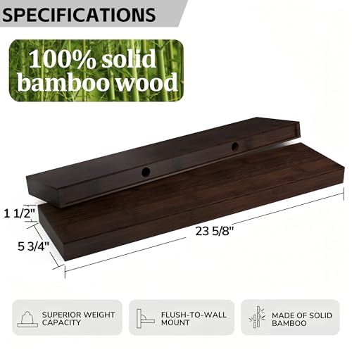 BAMEOS Solid Bamboo Floating Shelves, Set of 2 with Invisible Brackets, Natural Wood Grain Decor for Living Room, Bedroom, Kitchen, Bathroom & Office Storage - color: Walnut