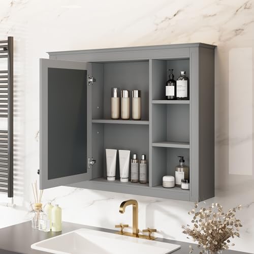 Wall Mounted Medicine Cabinet, Bathroom Storage Cabinet with Mirror Door and 6 Adjustable Open Shelf (7.3" D x 35" W x 27.5" H) (Grey) - color: Grey