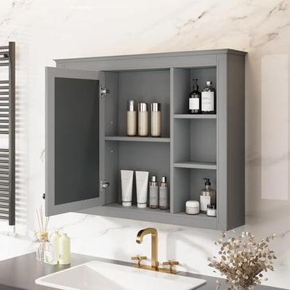 Wall Mounted Medicine Cabinet, Bathroom Storage Cabinet with Mirror Door and 6 Adjustable Open Shelf (7.3" D x 35" W x 27.5" H) (Grey) - color: Grey