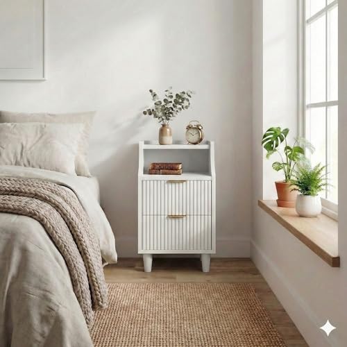 11.8" Narrow Fluted Nightstand Set of 2,Slim Side End Table with 2 Drawers,Mid-Century Modern Bedside Table,Skinny Night Stand for Bedroom, Small Space (White, 11.8" with 2 Drawers) - color: White