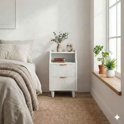 11.8" Narrow Fluted Nightstand Set of 2,Slim Side End Table with 2 Drawers,Mid-Century Modern Bedside Table,Skinny Night Stand for Bedroom, Small Space (White, 11.8" with 2 Drawers) - color: White