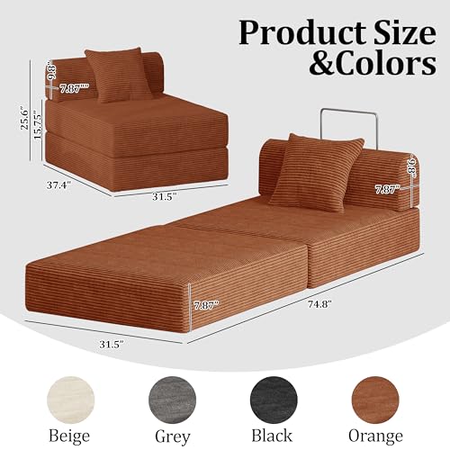 Sofa Bed Couch,Convertible Boneless Couch Compressed Chair Comfy Boneless Chair Floor Lounge Chair with Pillow,No Assembly Folding Sofa Beds for Living Room Bedroom Guest Room(Single,Orange - color: Orange, size: Single Sofa
