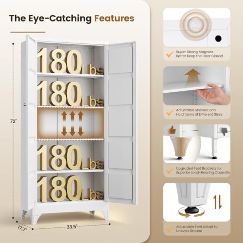 Metal Storage Cabinet with 2 Doors and 4 Adjustable Shelves,- 72" White Kitchen Pantry Storage Cabinet for Kitchen,Living Room,Dining Room - color: White, size: 72"- 4 Adjustable Shelves-A