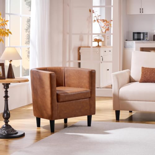Yaheetech Barrel Accent Chair, Mid Century Armchair, Brown | Faux Leather Chair with High-Density Foam Seat, Upholstered Barrel Sofa Chair for Living Room Bedroom Waiting Room - color: Brown, size: Set of 1