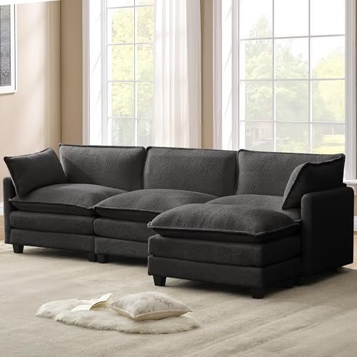 ROWHY 112'' Modular Sectional Cloud Couch with Movable Ottoman, 4 Seat Modern Chenille Sofa, Deep Seat L Shaped Couch for Living Room Bedroom Apartment, Grey | Sturdy Frame - color: Grey, size: 112''
