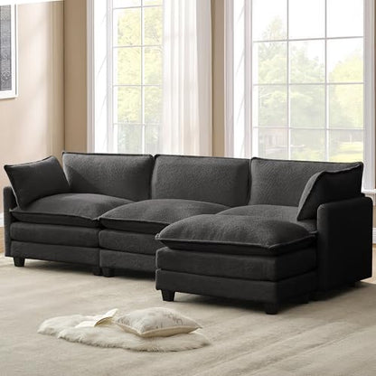 ROWHY 112'' Modular Sectional Cloud Couch with Movable Ottoman, 4 Seat Modern Chenille Sofa, Deep Seat L Shaped Couch for Living Room Bedroom Apartment, Grey | Sturdy Frame - color: Grey, size: 112''