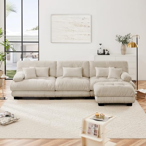 Modular Sectional Sofa for Living Room,134" L-Shaped Comfy Couch with Ottoman, Oversized 3 Seater Beige Sectional Couches with Pillows, Fluffy Couch Set with Deep Seat - color: Chenille Beige, size: 3-Seat & 1-Ottoman
